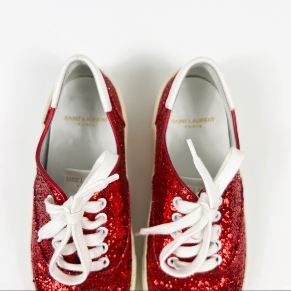 Saint Laurent Skate Red Glitter Sneakers Lace Up Low Top Size 37 - Picture 6 of 10